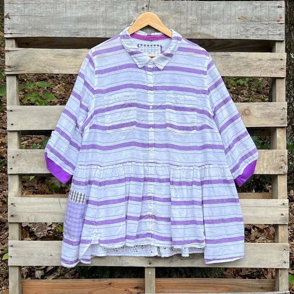 Effie's Heart Tops - Shari B. Greene Purple Striped Reworked Patchwork Short Sleeve Tunic Blouse